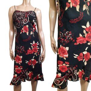 Vintage 90s Floral Slip Dress Size M Spaghetti Strap Midi Black Red Roses Ruffle